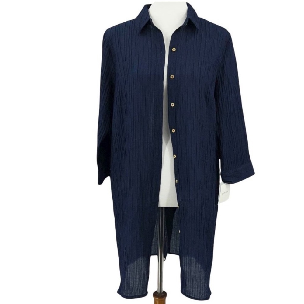 Ellen Tracy Crinkle Gauze Cover Up Shirt Dress Large Blue Women’s Button Down